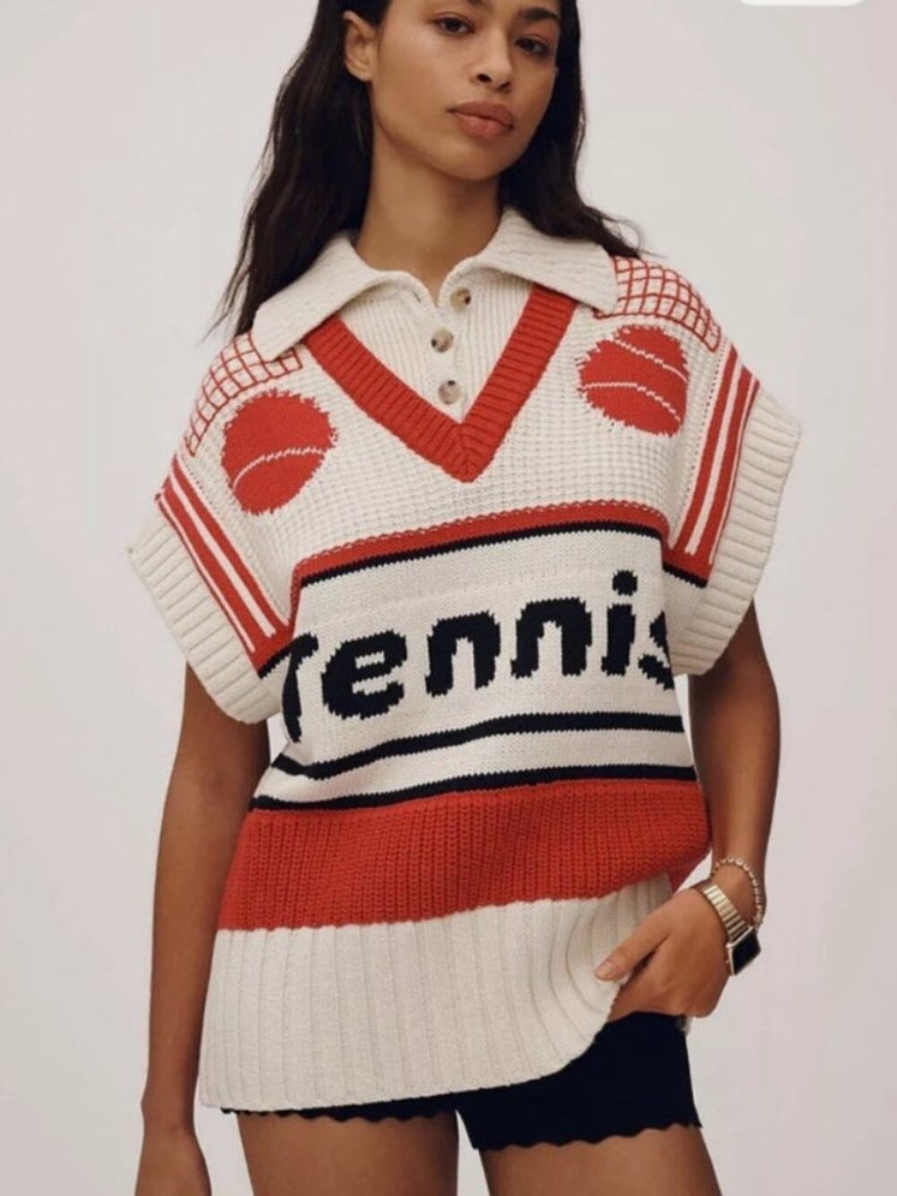 Anthropologie X Maeve Twofer Red White Black Graphic Tennis Sweater Vest XS